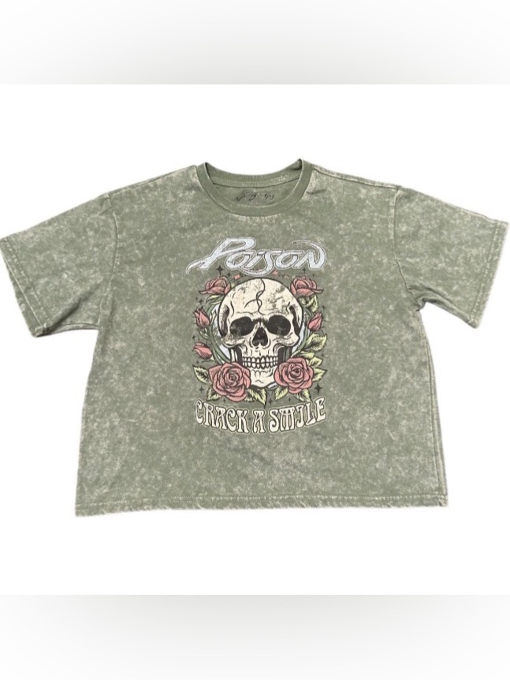 Women’s Crop Tee Graphic Print POISON Band Rock Music T-shirt Skull Roses XL